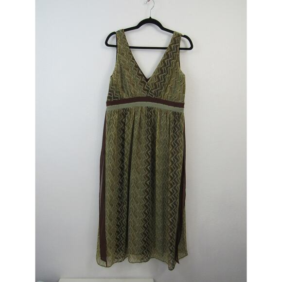 Jonathan Martin Size 12 Olive Green and Brown Midi Dress Fit and Flare V Neck - Picture 10 of 10